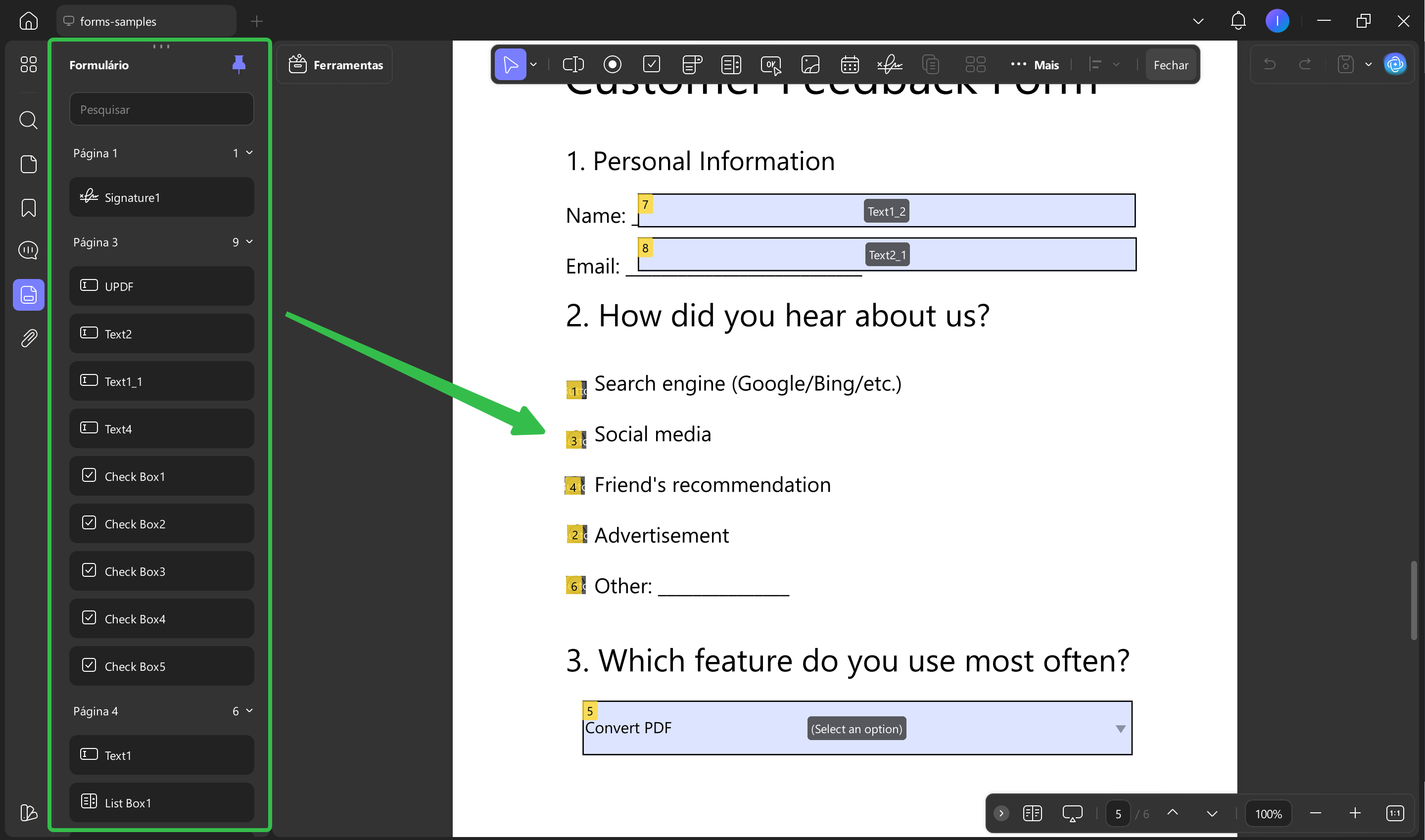 gerenciar campos de formulário na lista de formulários