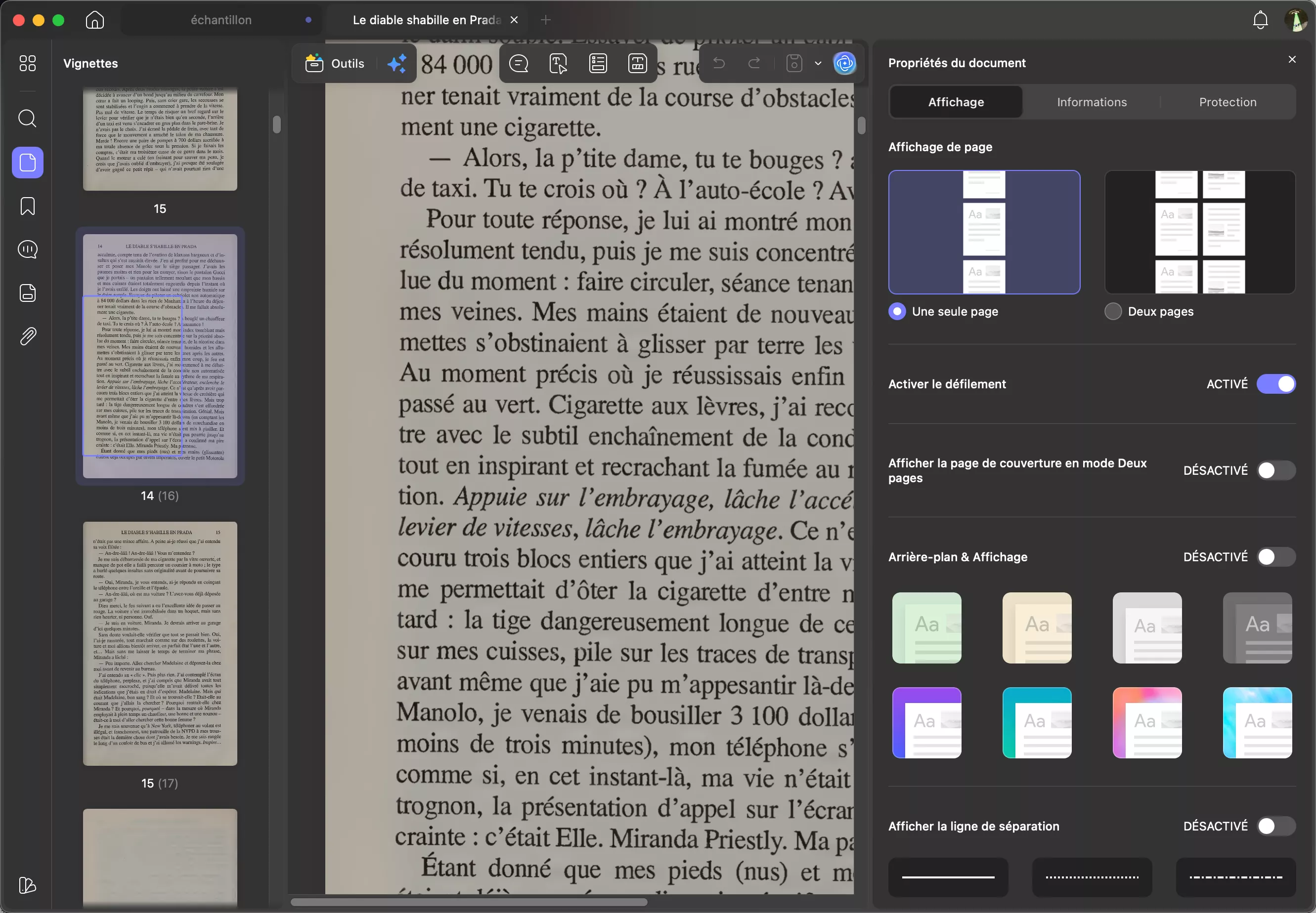 Défilement fluide avec plusieurs options de mise en page