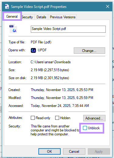 select unblock in security