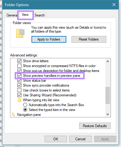 uncheck show preview handlers in preview pane