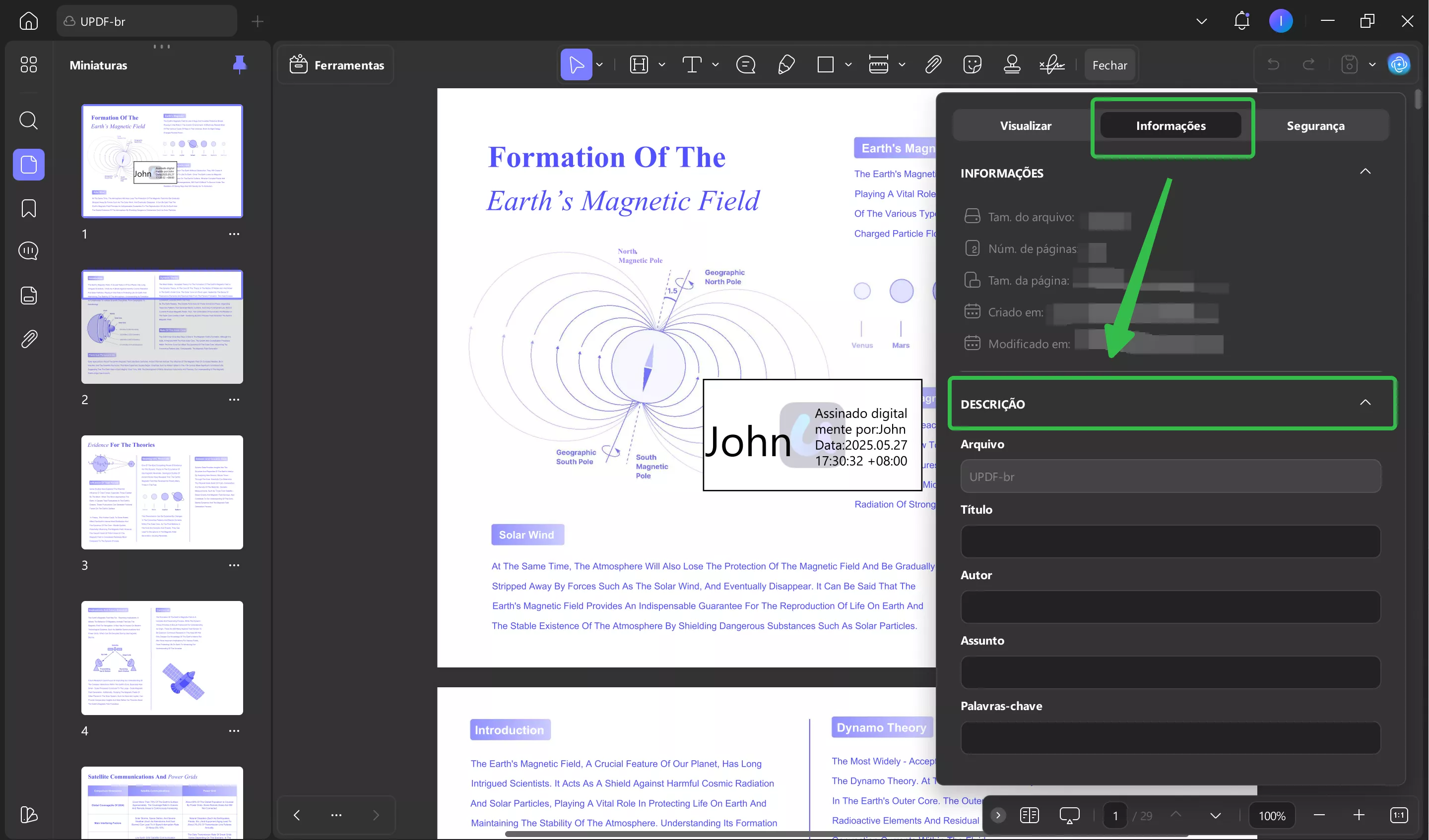 visualizar os detalhes de criação e modificação do pdf no updf