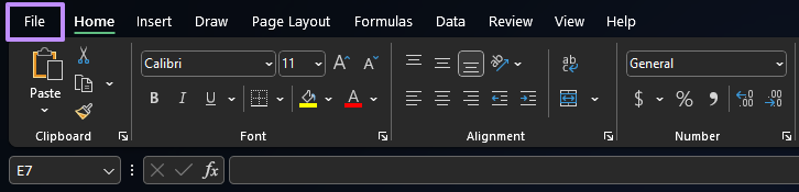 clicking the file tab