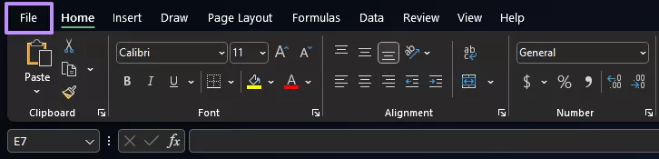 clicking the file tab