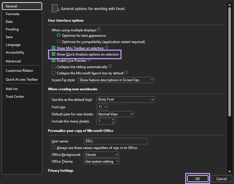 checkmarking the quick analysis option