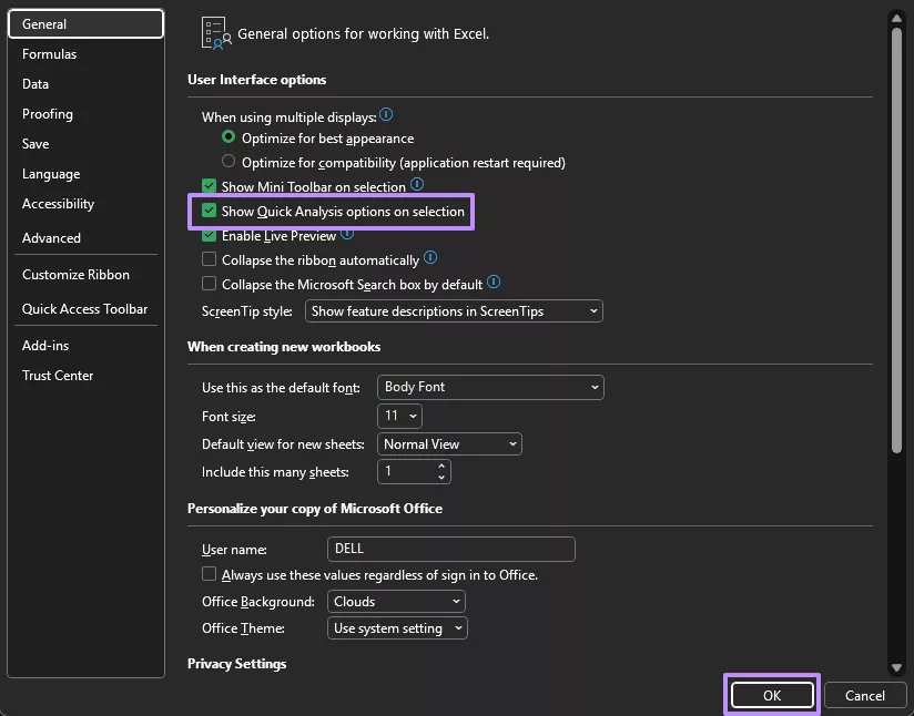 checkmarking the quick analysis option