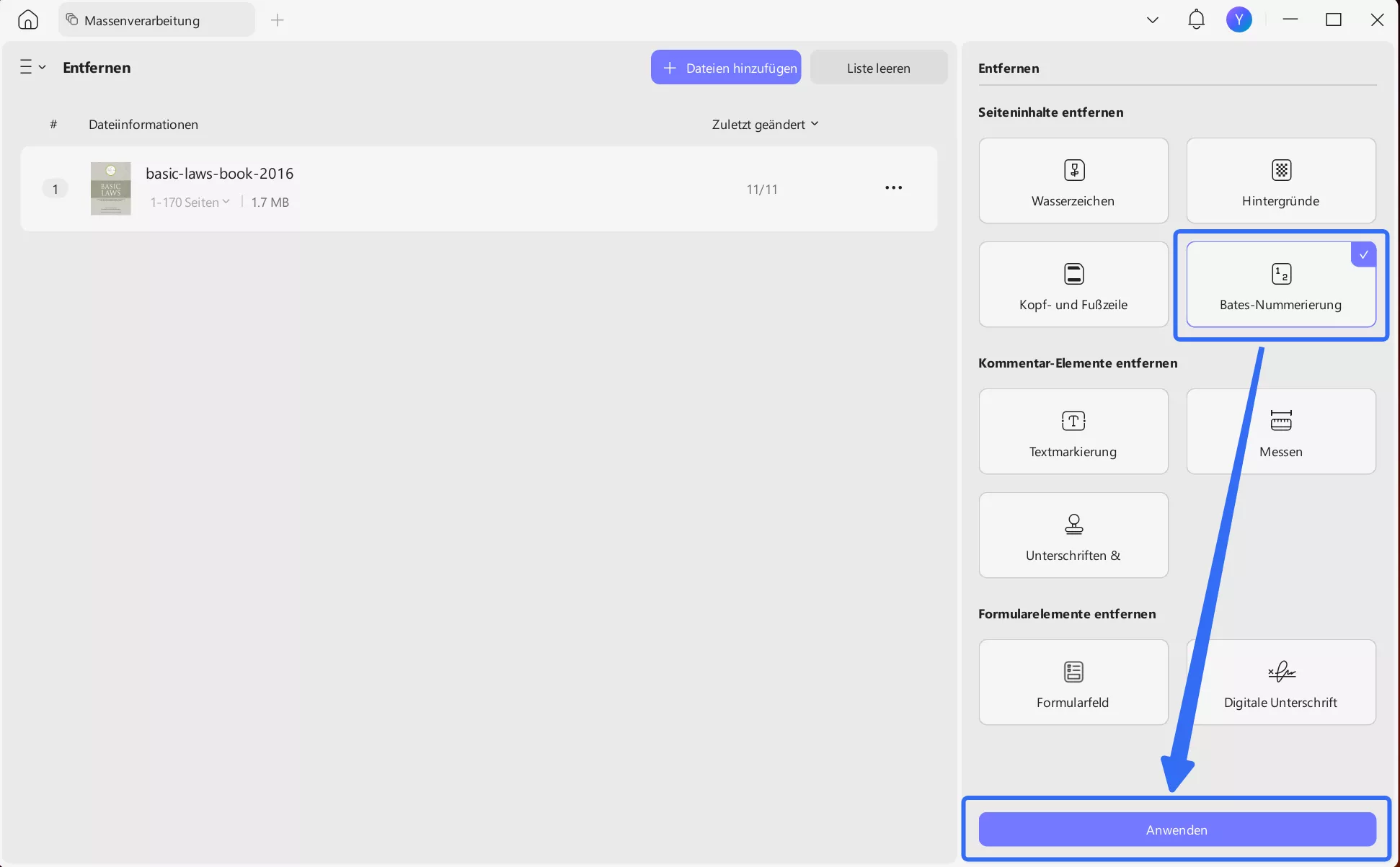 Bates-Nummerierung entfernen