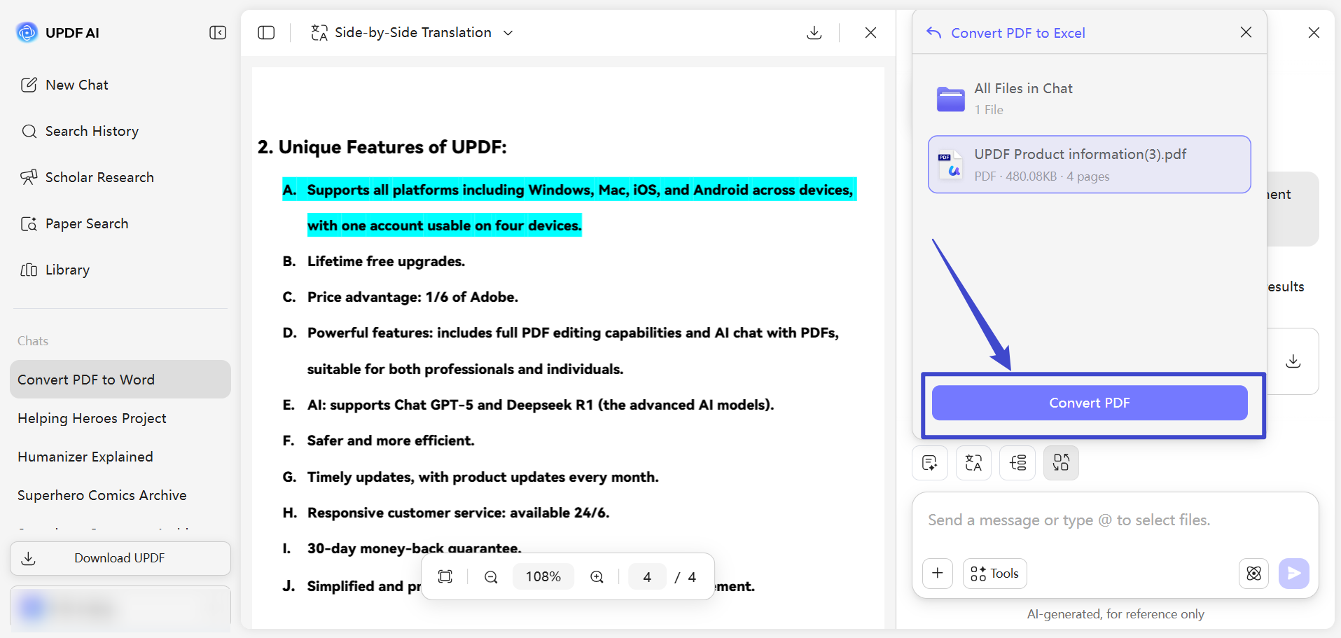 select the uploaded file to convert
