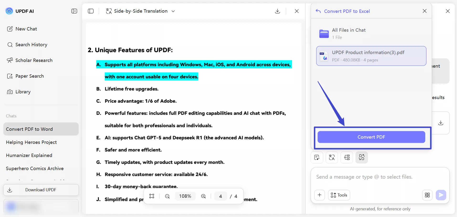 select the uploaded file to convert