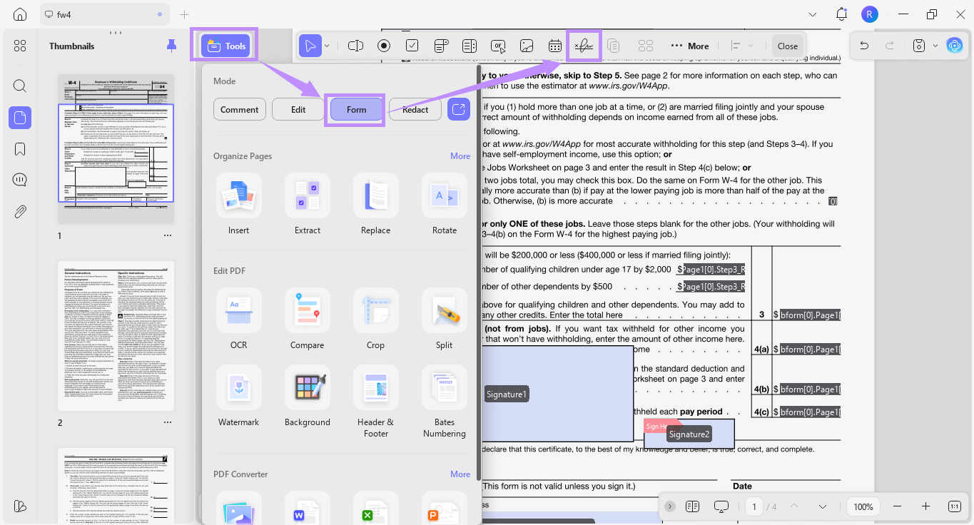 select digital signature under form tool