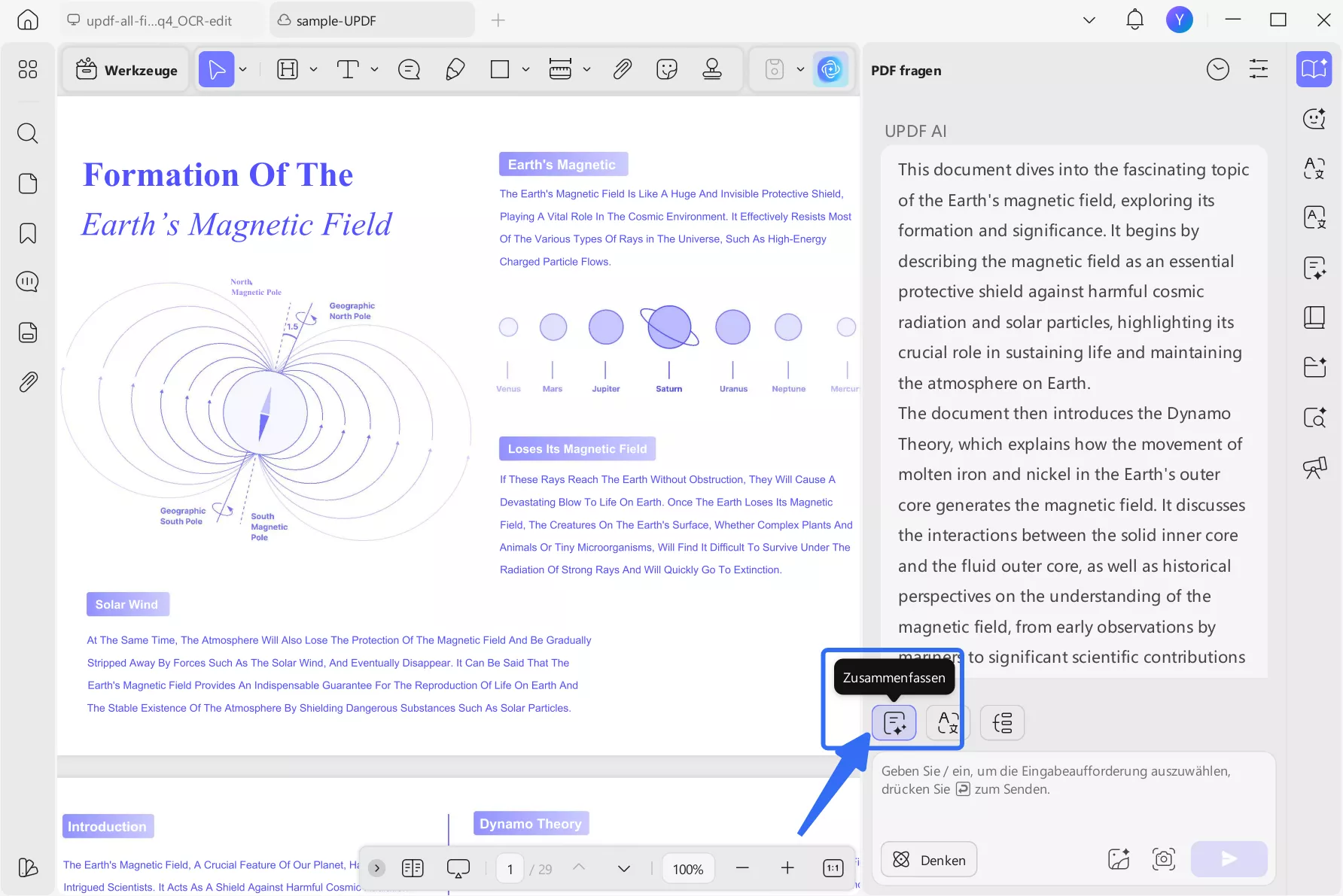 Zugriff auf die Zusammenfassungsfunktion updf ai