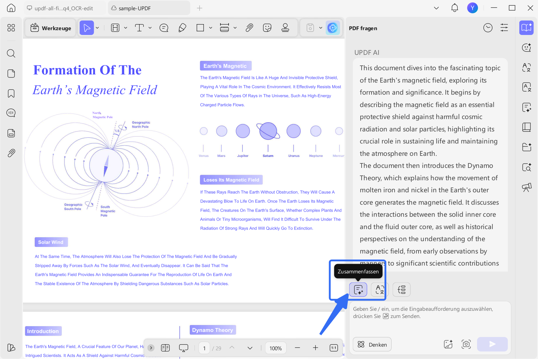 Zugriff auf die Zusammenfassungsfunktion updf ai