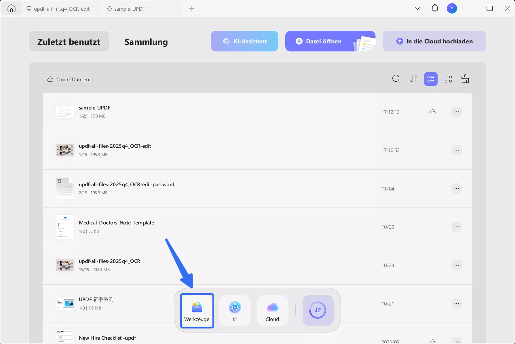 Zugriff auf Tools in updf
