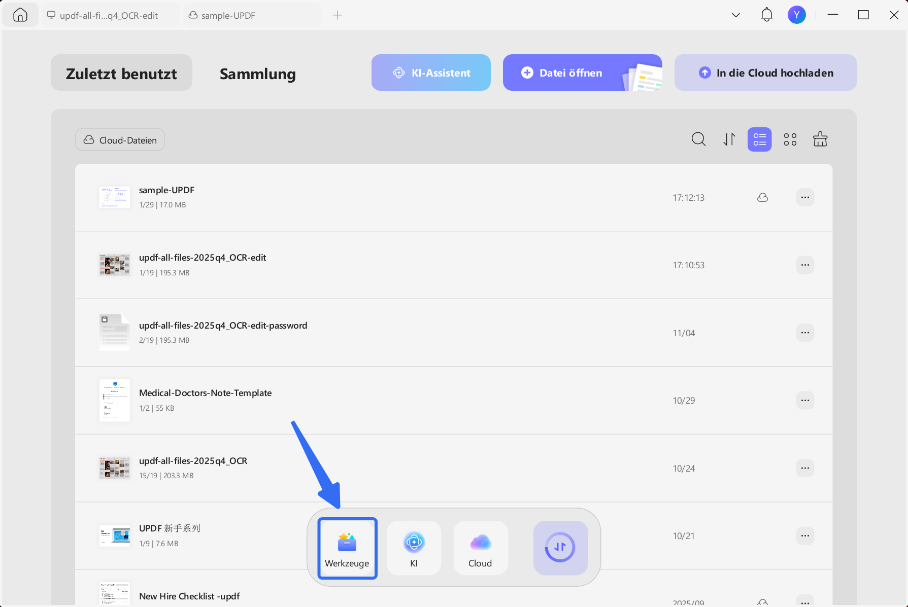 Zugriff auf Tools in updf