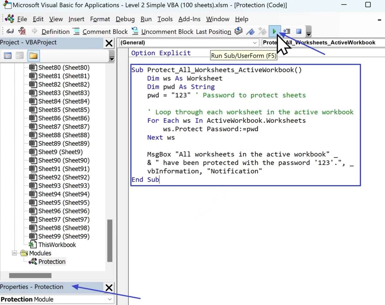 run the macro in vba script