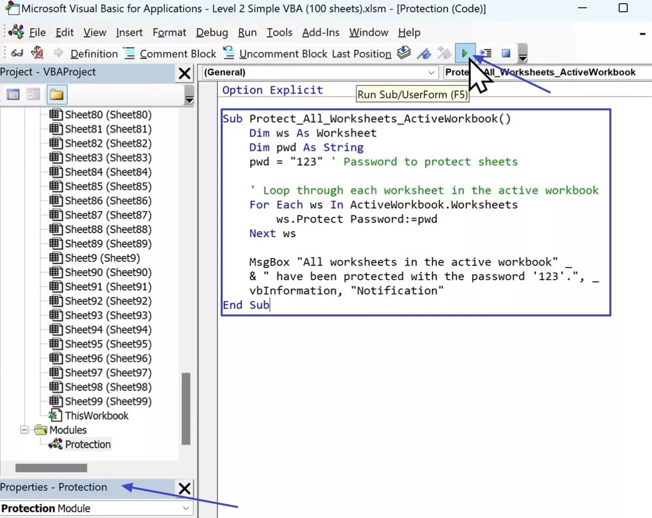 run the macro in vba script