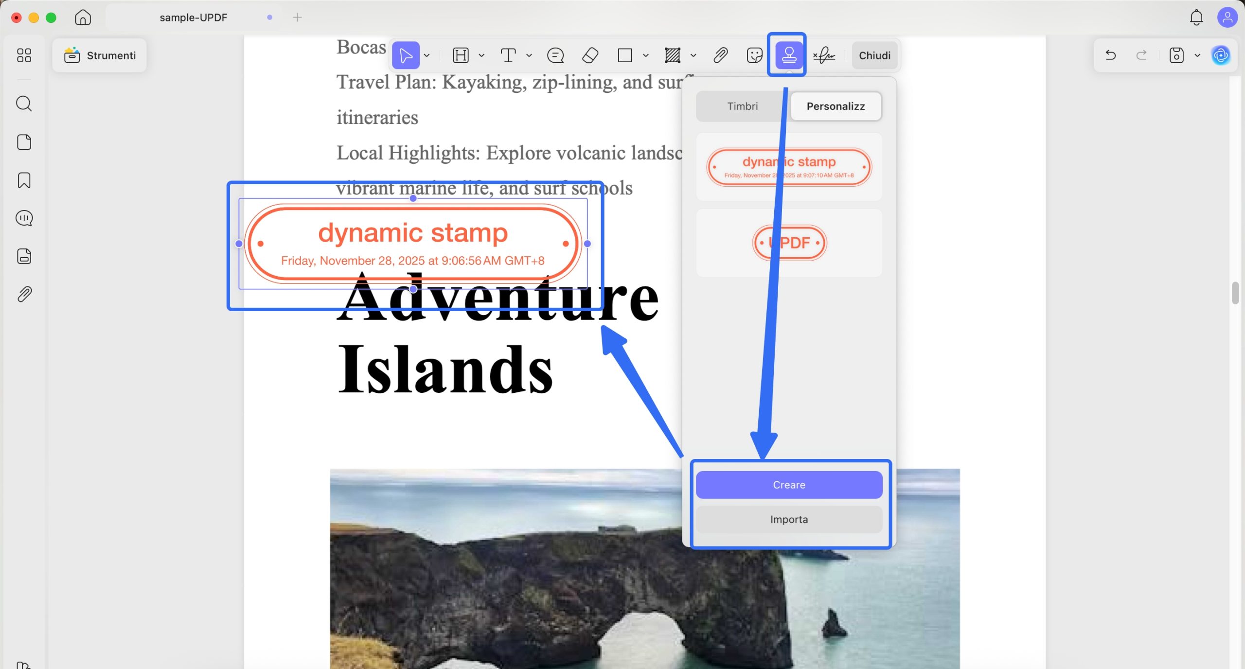 aggiungi timbro dinamico mac