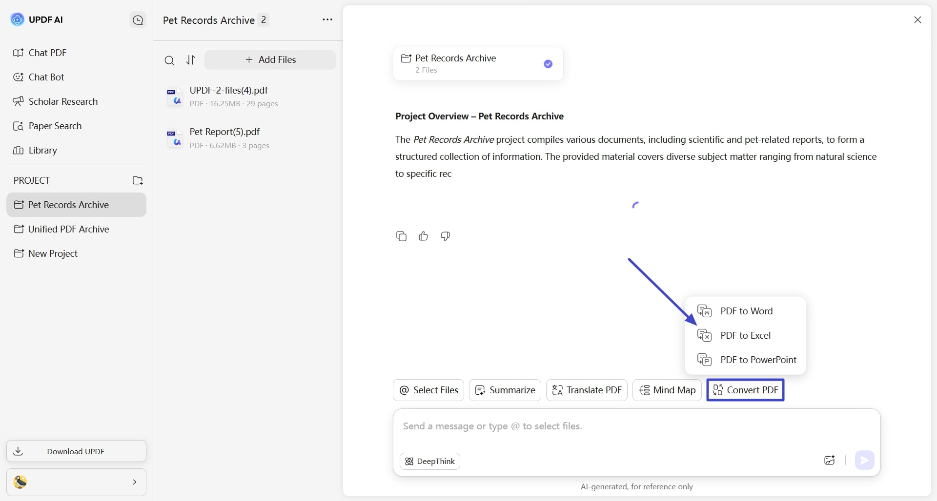 الوصول إلى خيار تحويل pdf updf ai