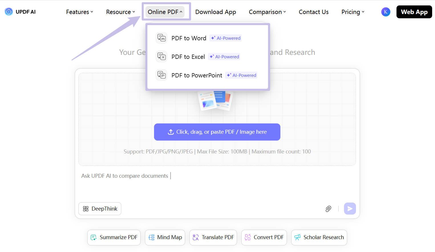 updf ai online pdf features