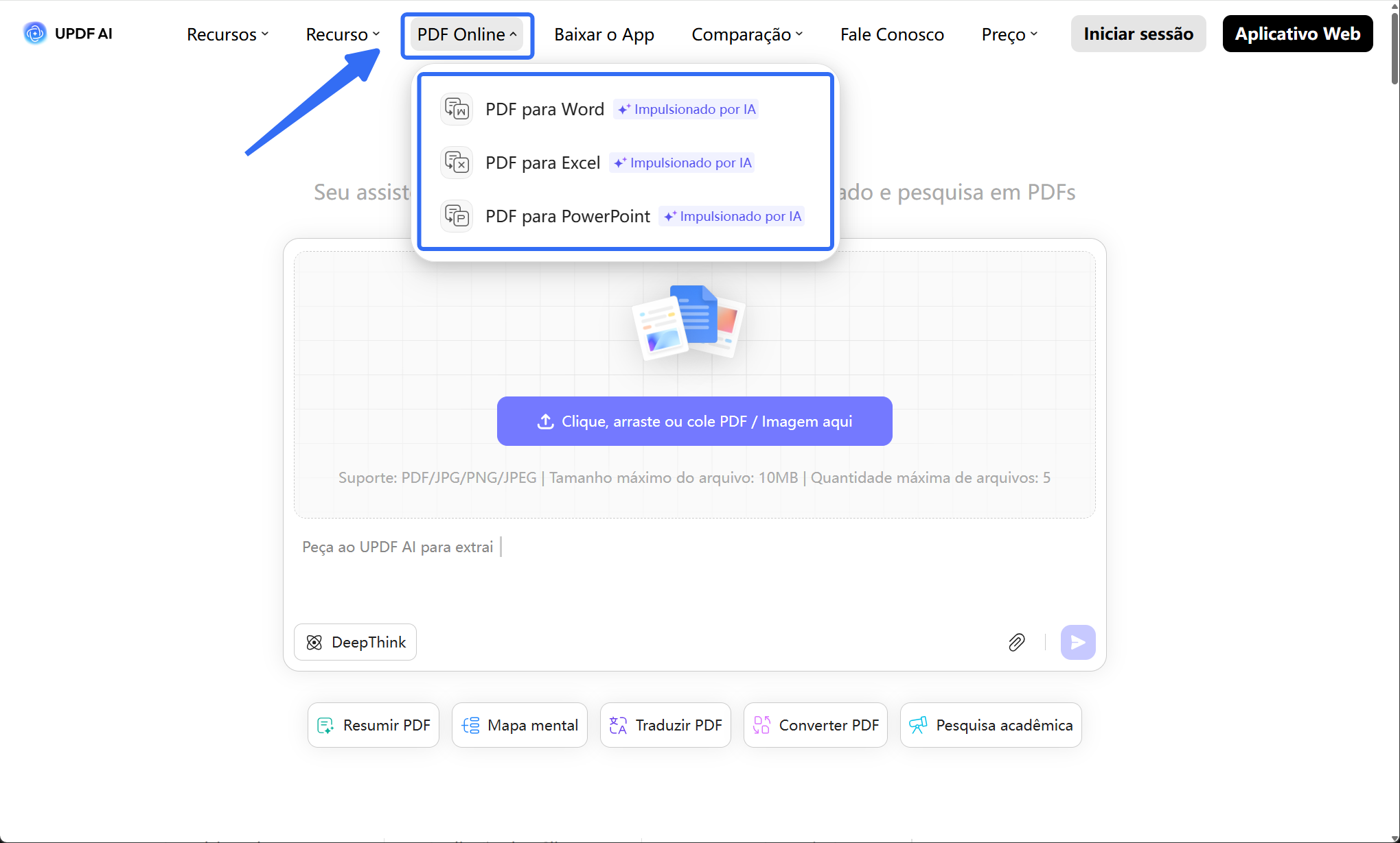 recursos do UPDF AI online para PDF