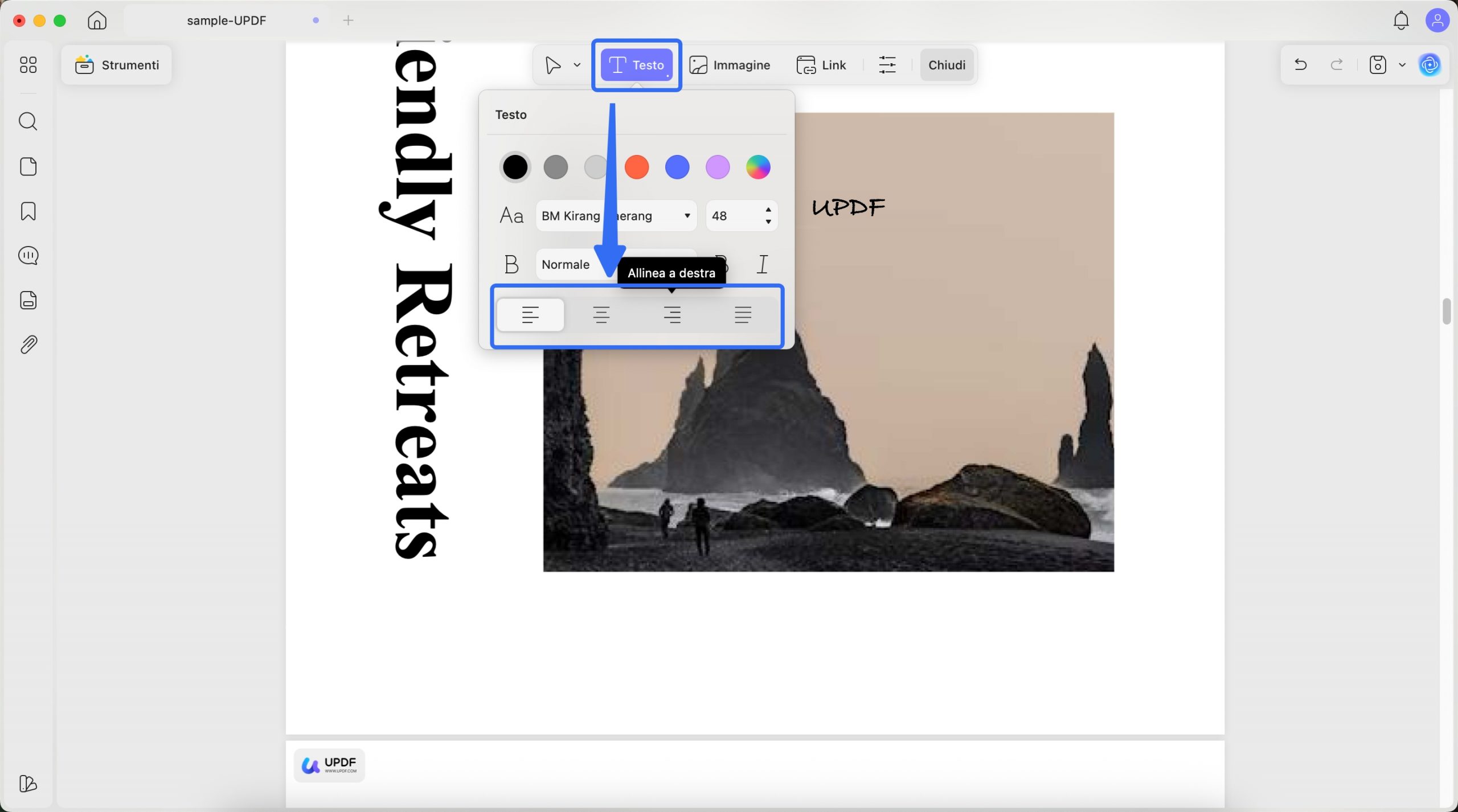 scegli allineamento testo predefinito mac