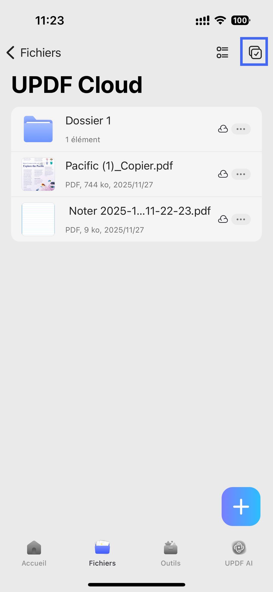 sélectionner des fichiers ou des dossiers dans le cloud updf