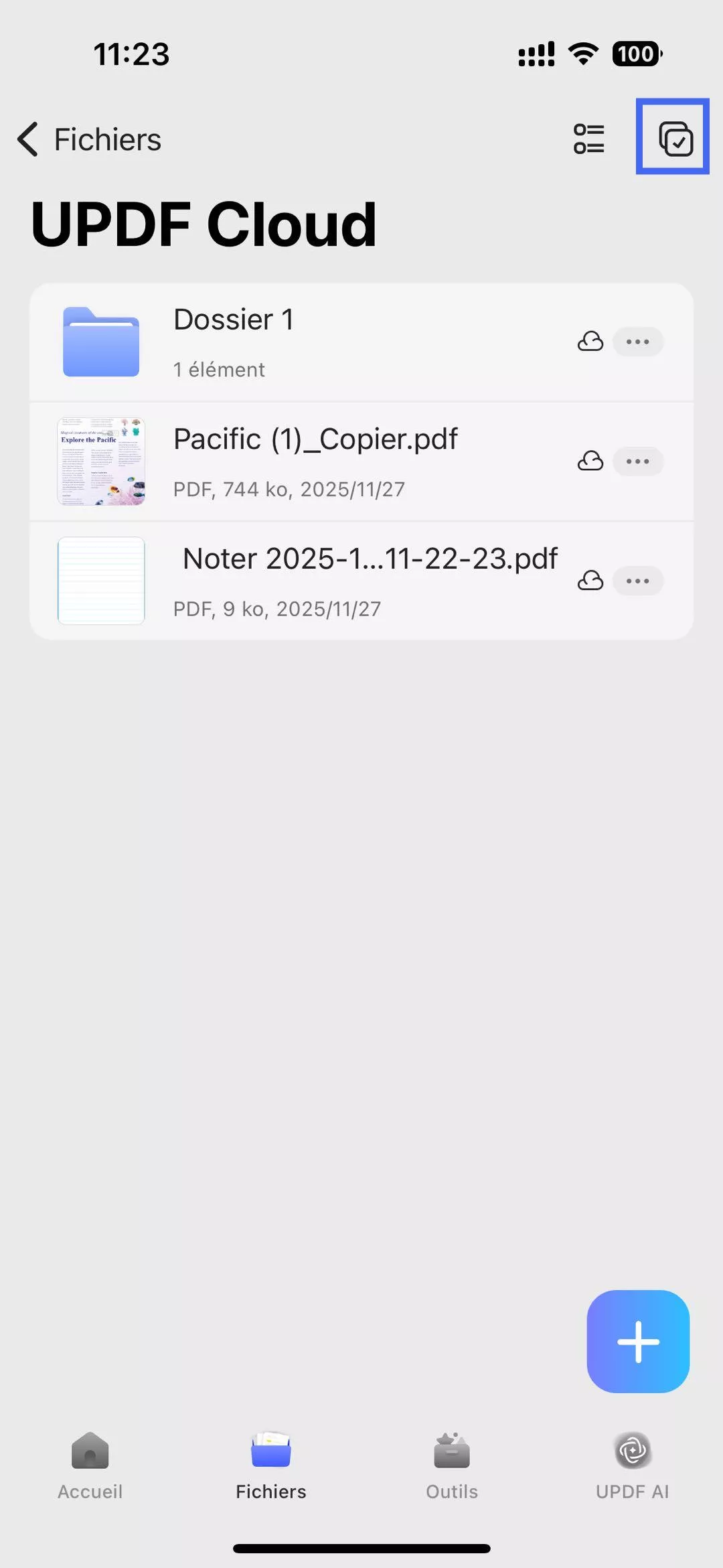 sélectionner des fichiers ou des dossiers dans le cloud updf