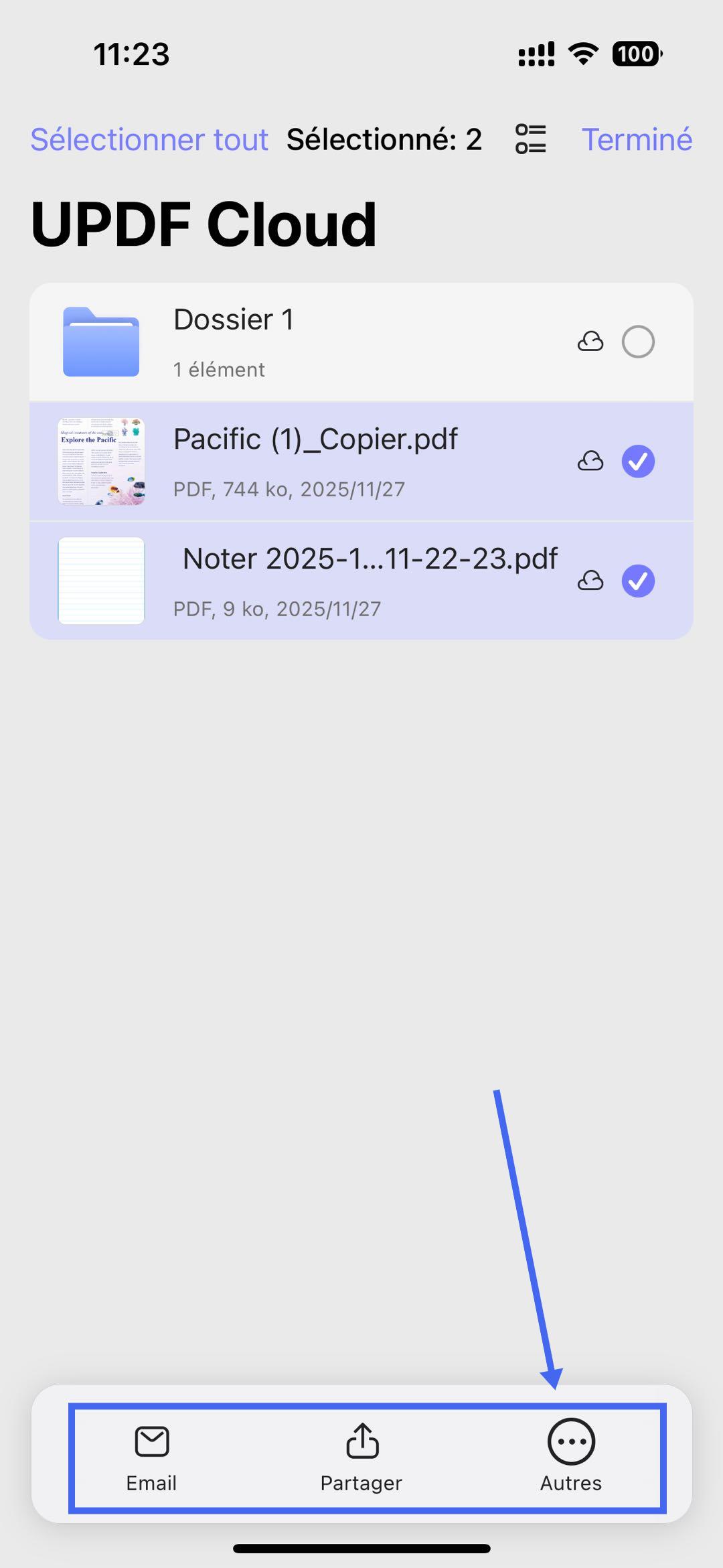sélectionner des fichiers ou des dossiers dans le cloud updf