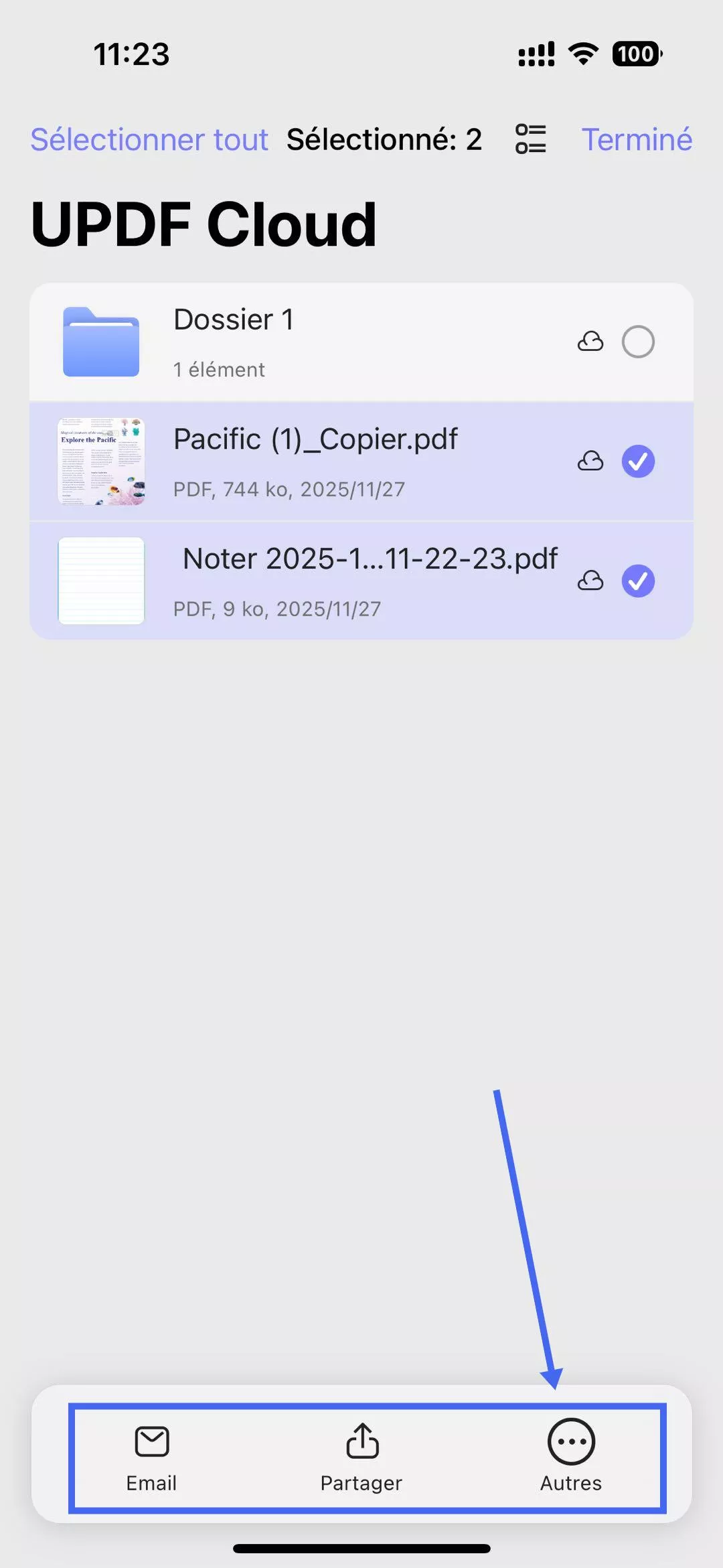 sélectionner des fichiers ou des dossiers dans le cloud updf