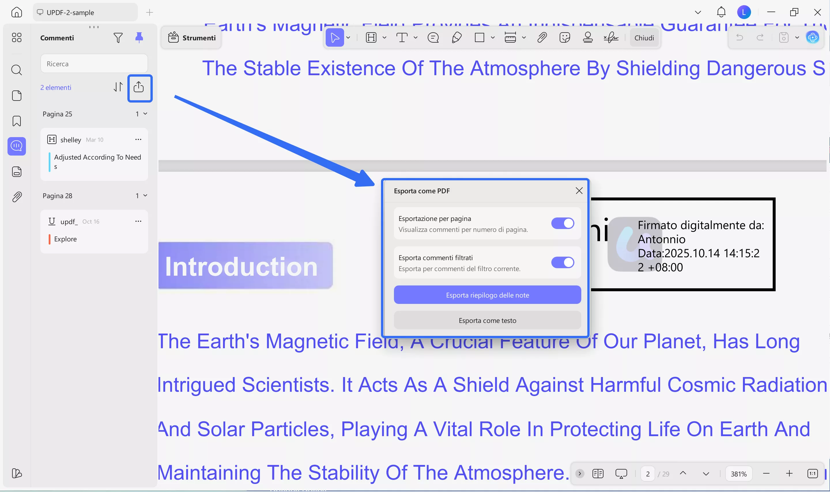 Export the comments to pdf with updf on windows