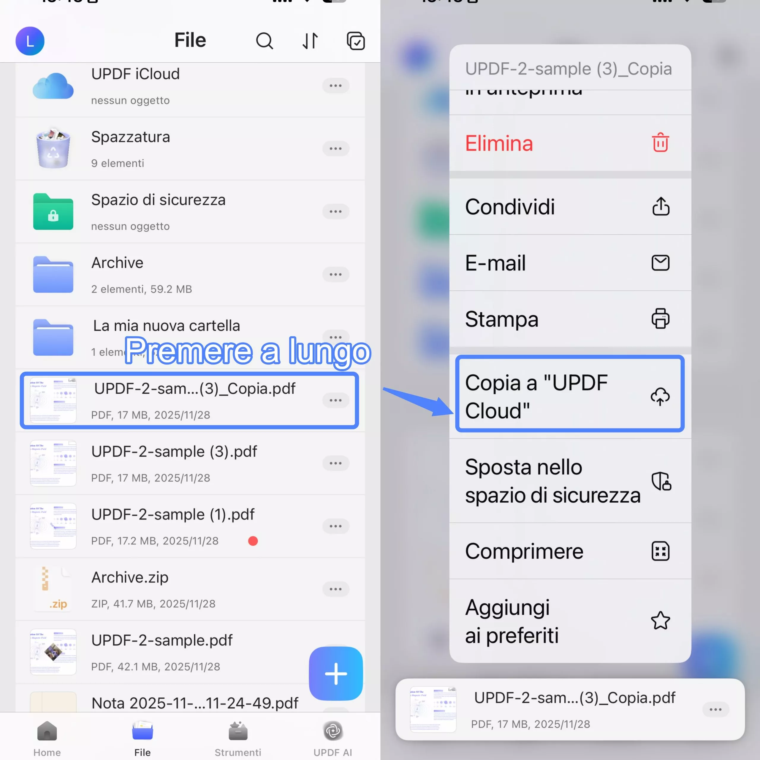 long press to upload in cloud ios 