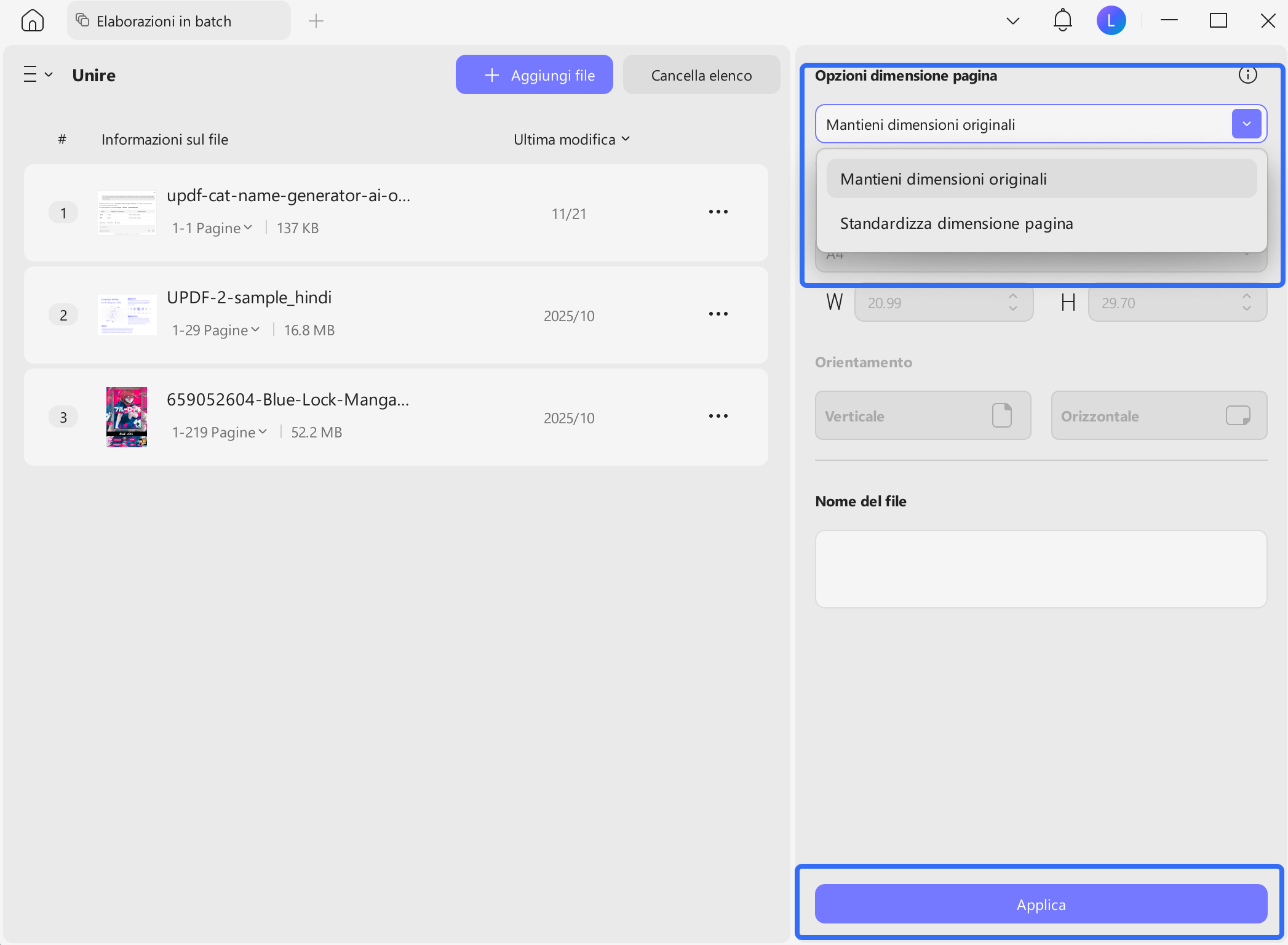 choose page size options and click apply
