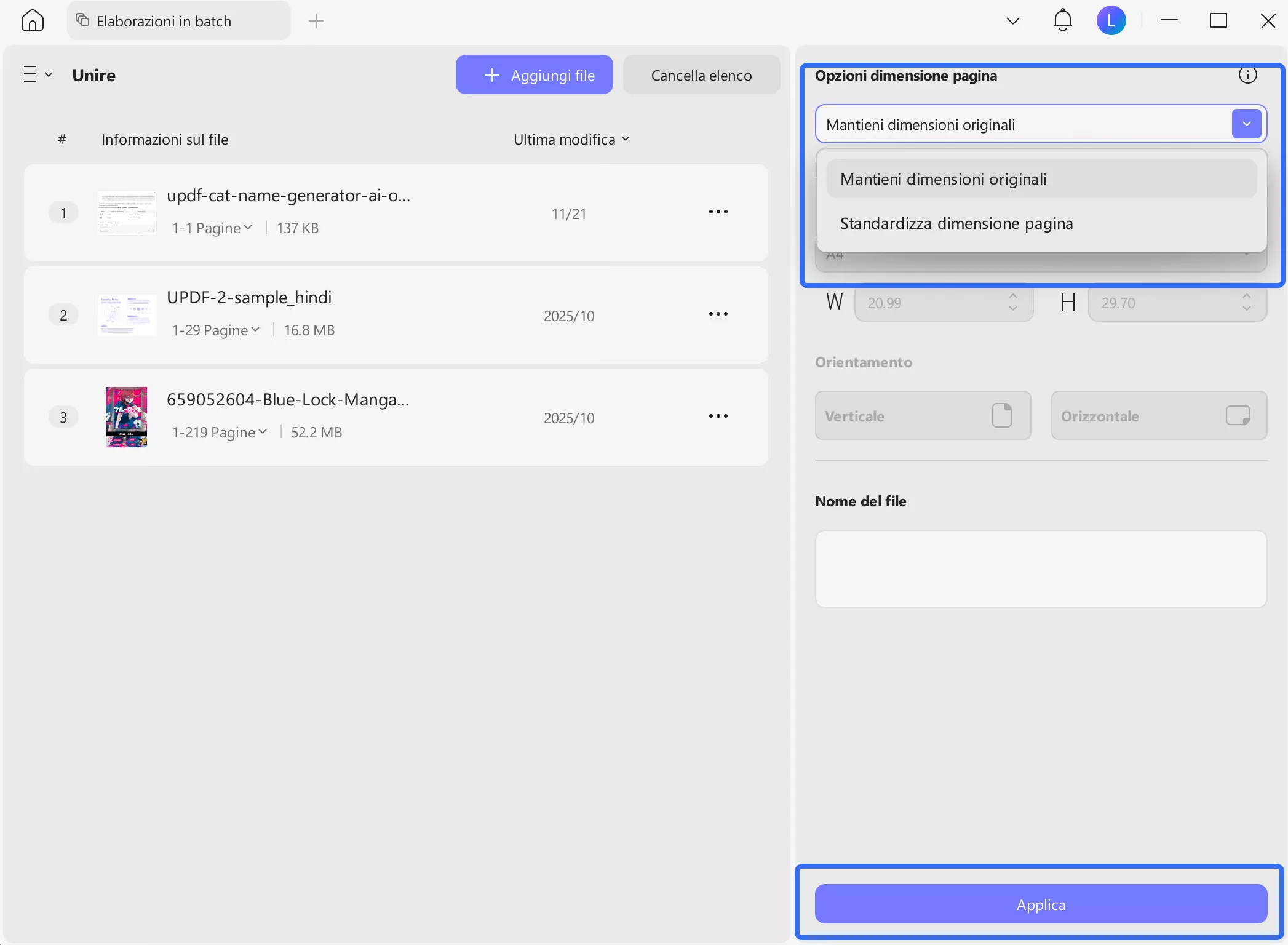 choose page size options and click apply