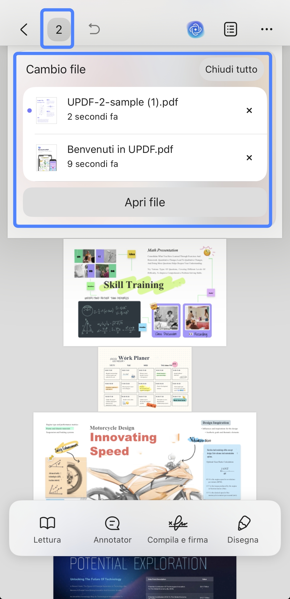 apri più file in ios updf
