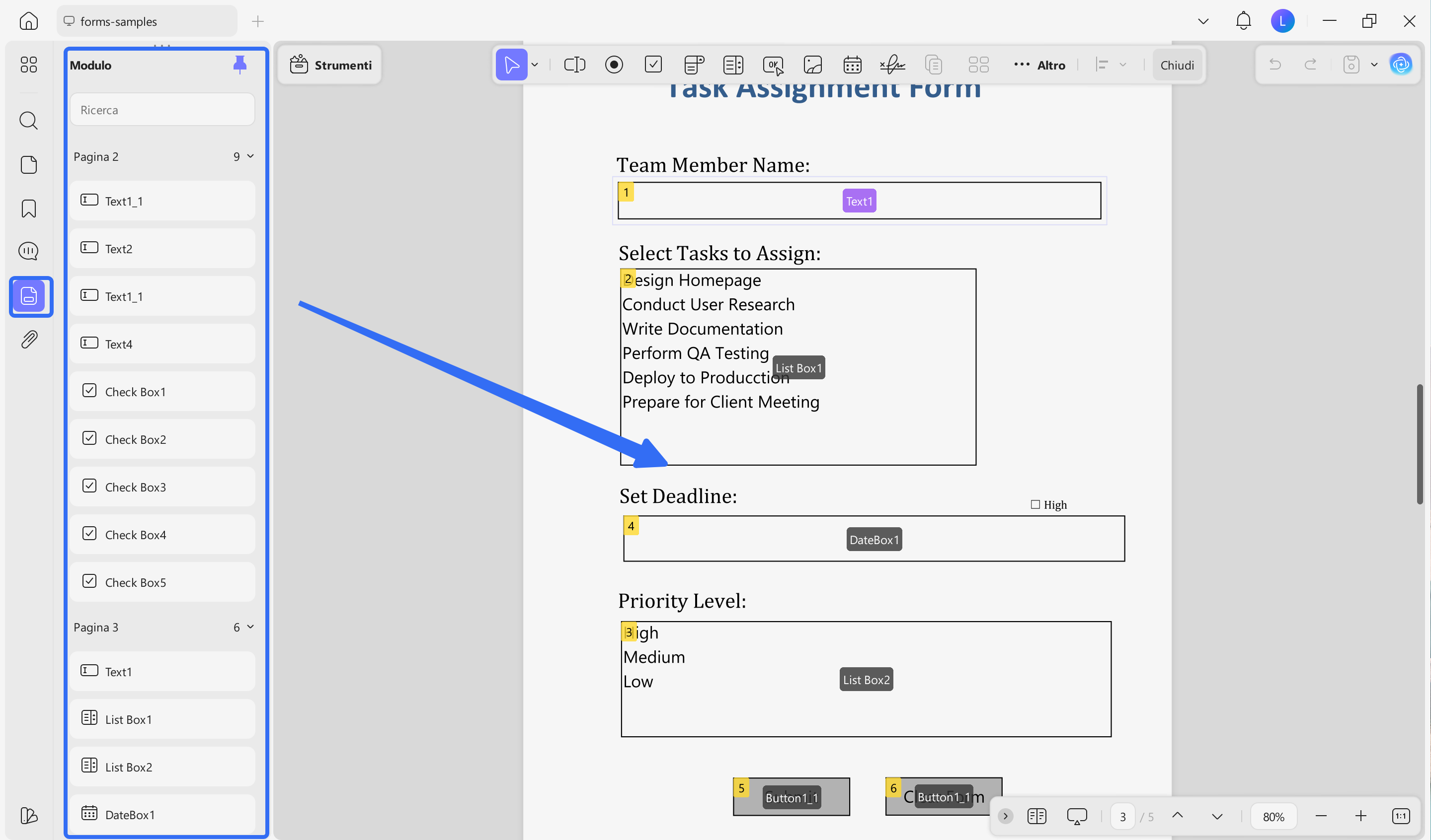gestisci campi modulo negli elenchi moduli