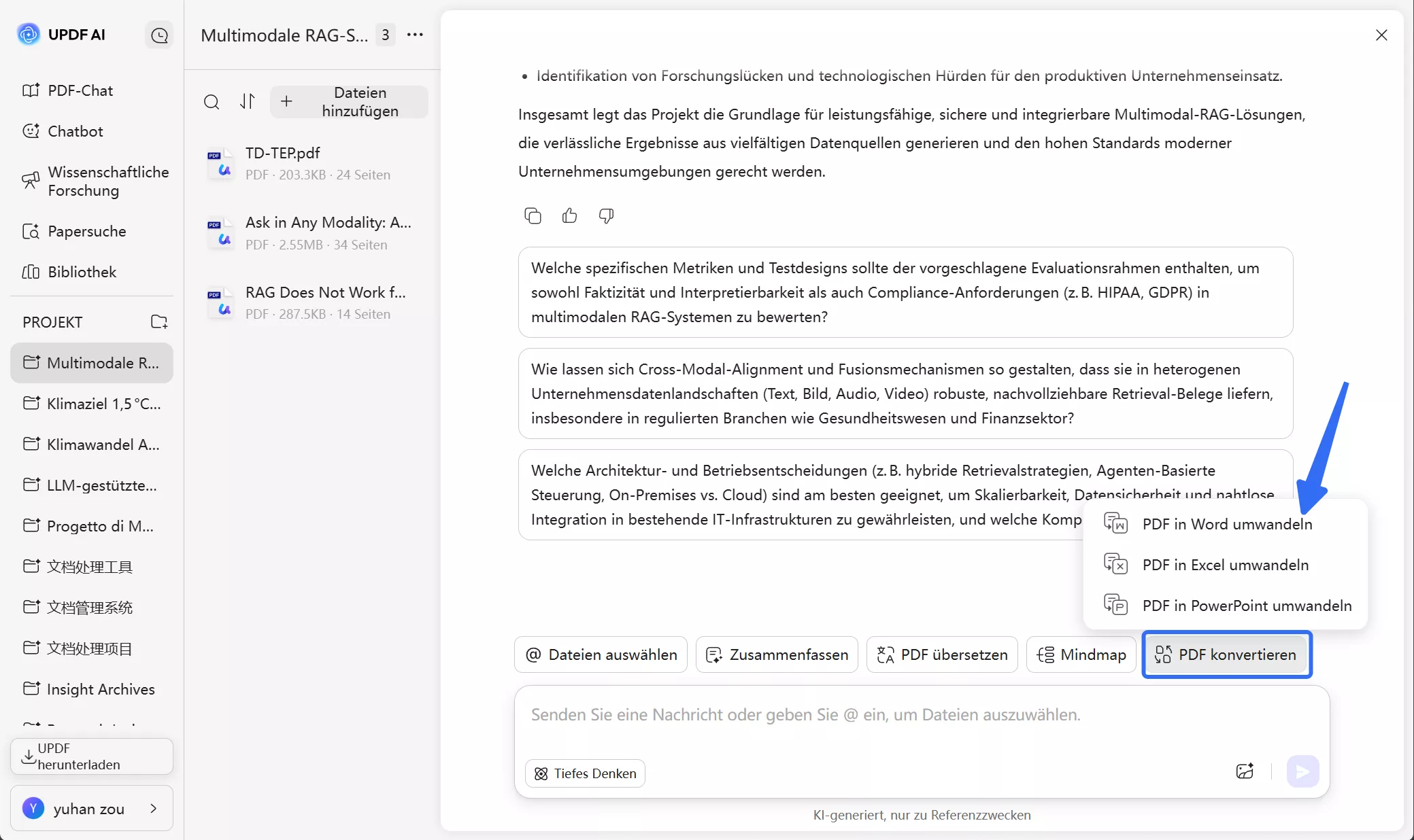 Zugriff auf PDF-Konvertierungsoption updf ai