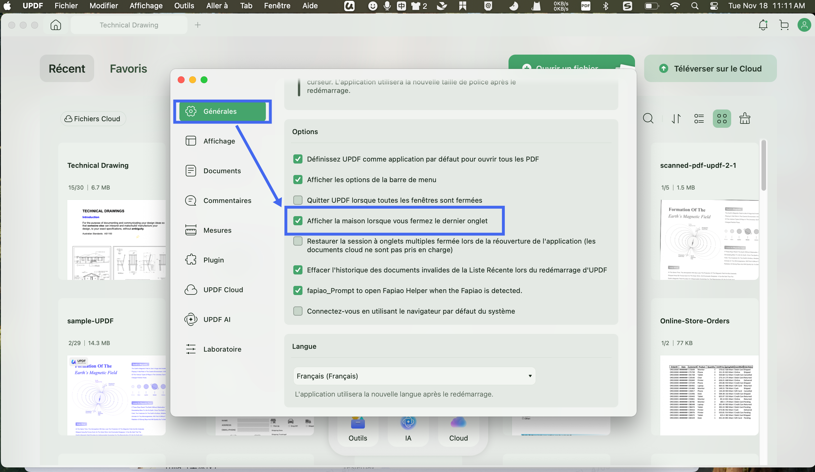 updf afficher page accueil mac
