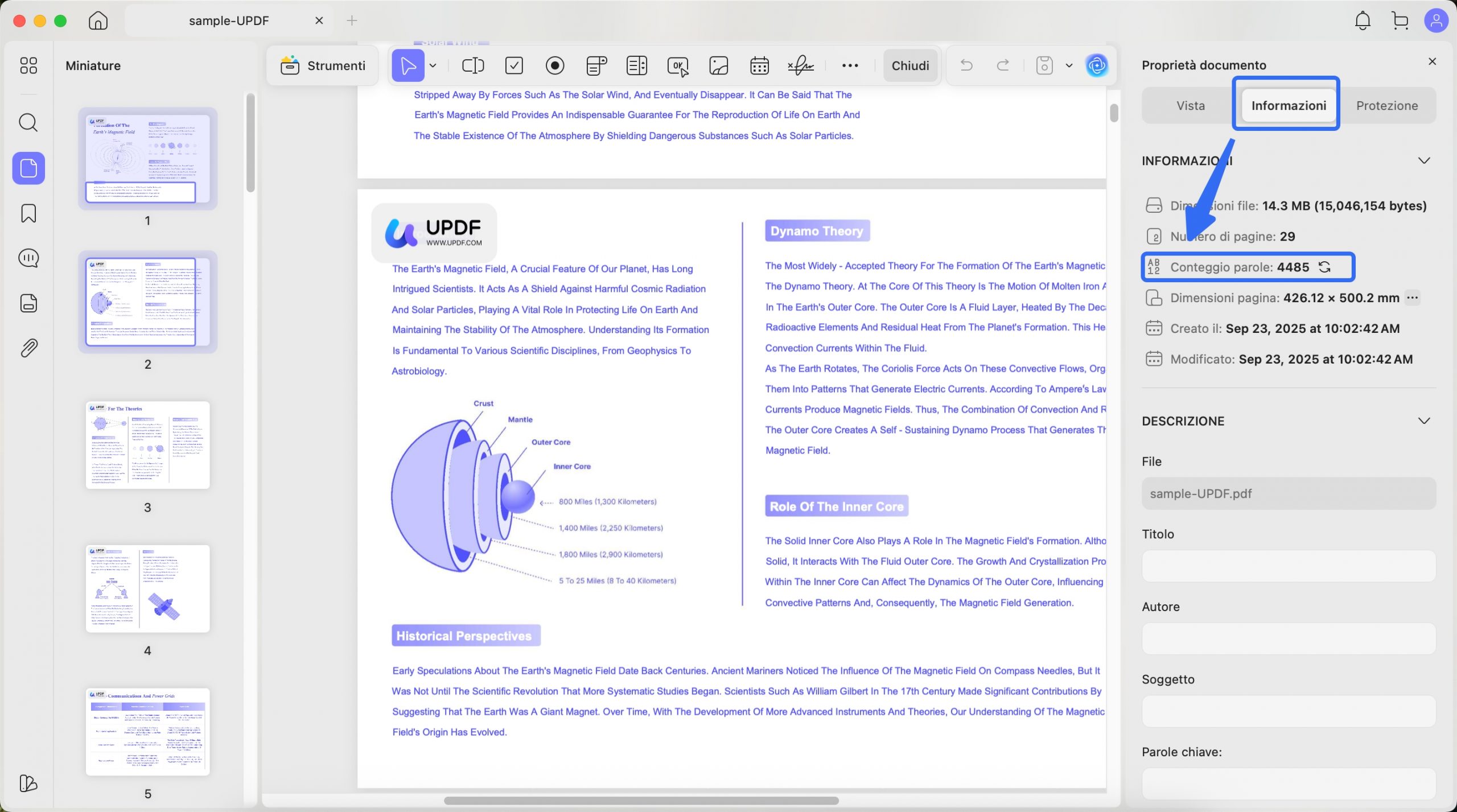 updf mostra informazioni conteggio parole mac
