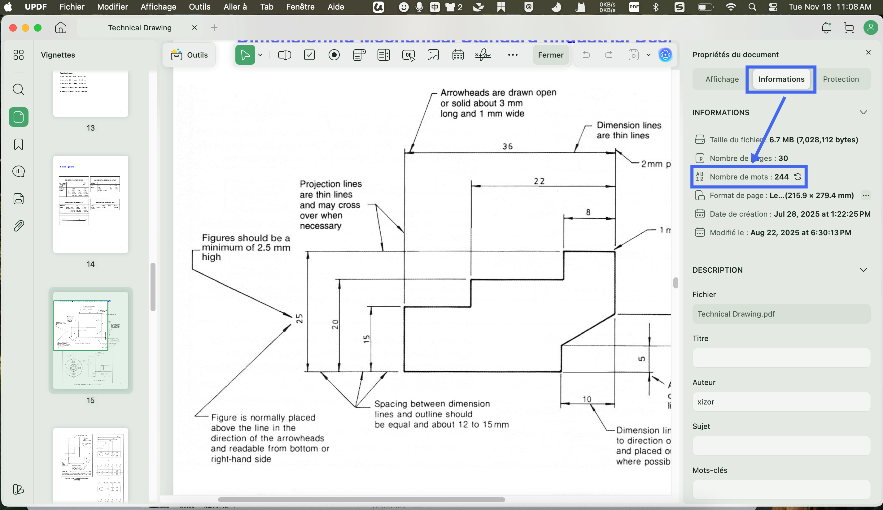 updf afficher le comptage des mots mac