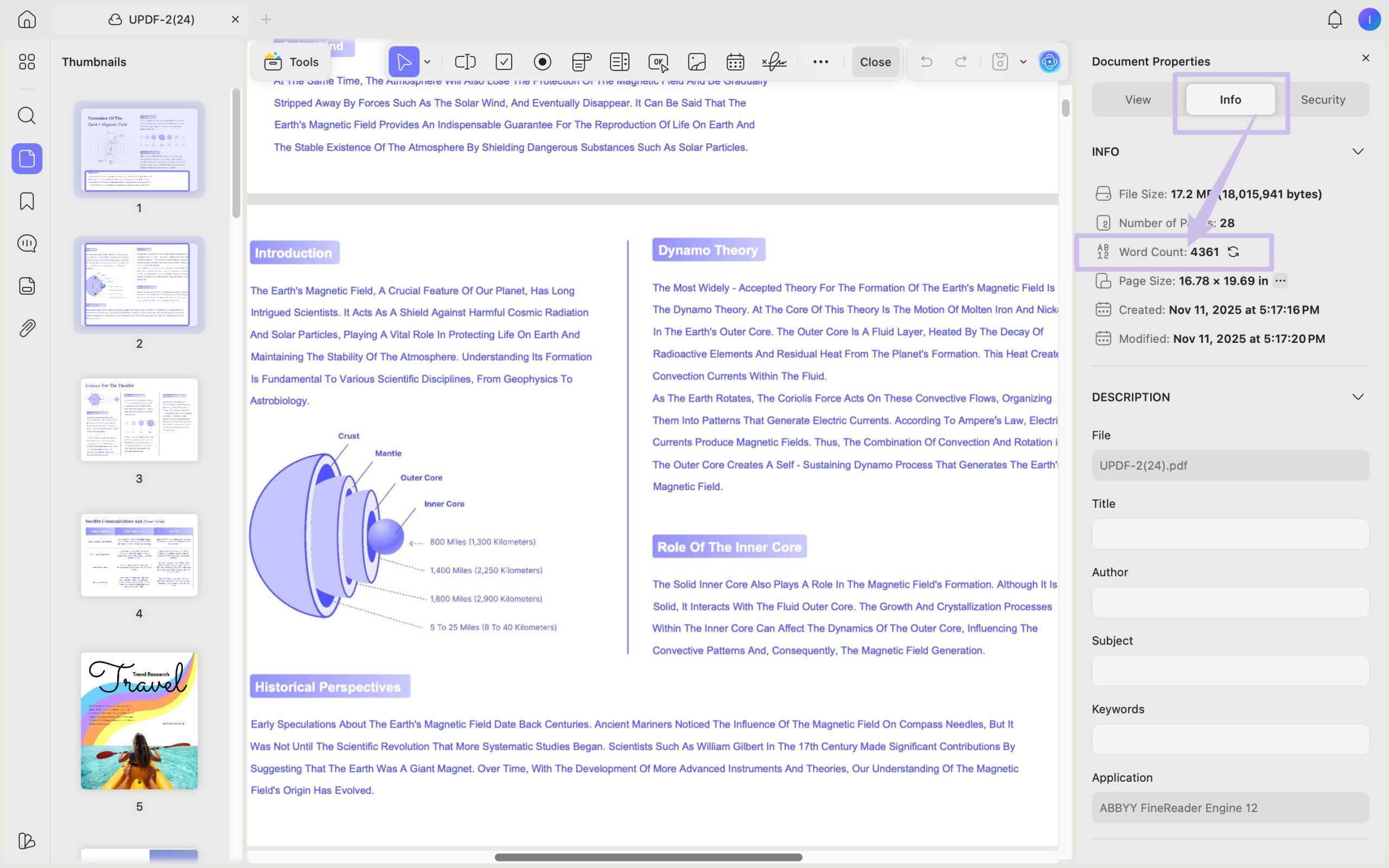 updf show word count info mac
