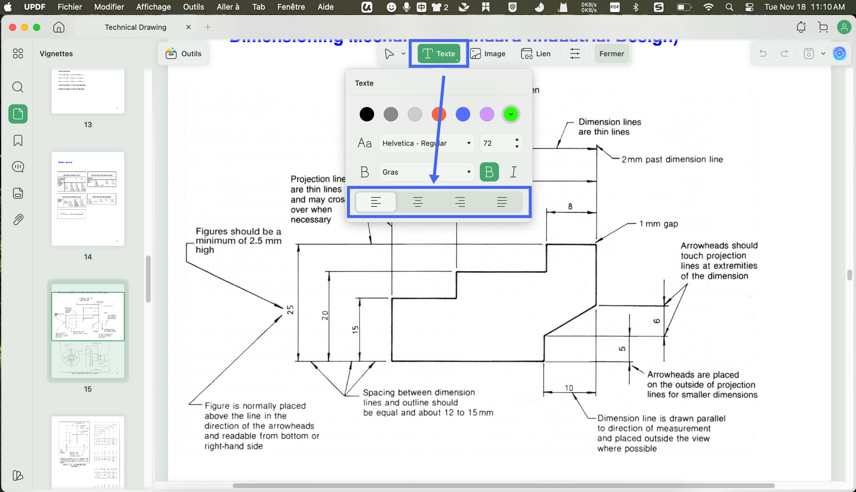 updf options alignement bloc texte mac