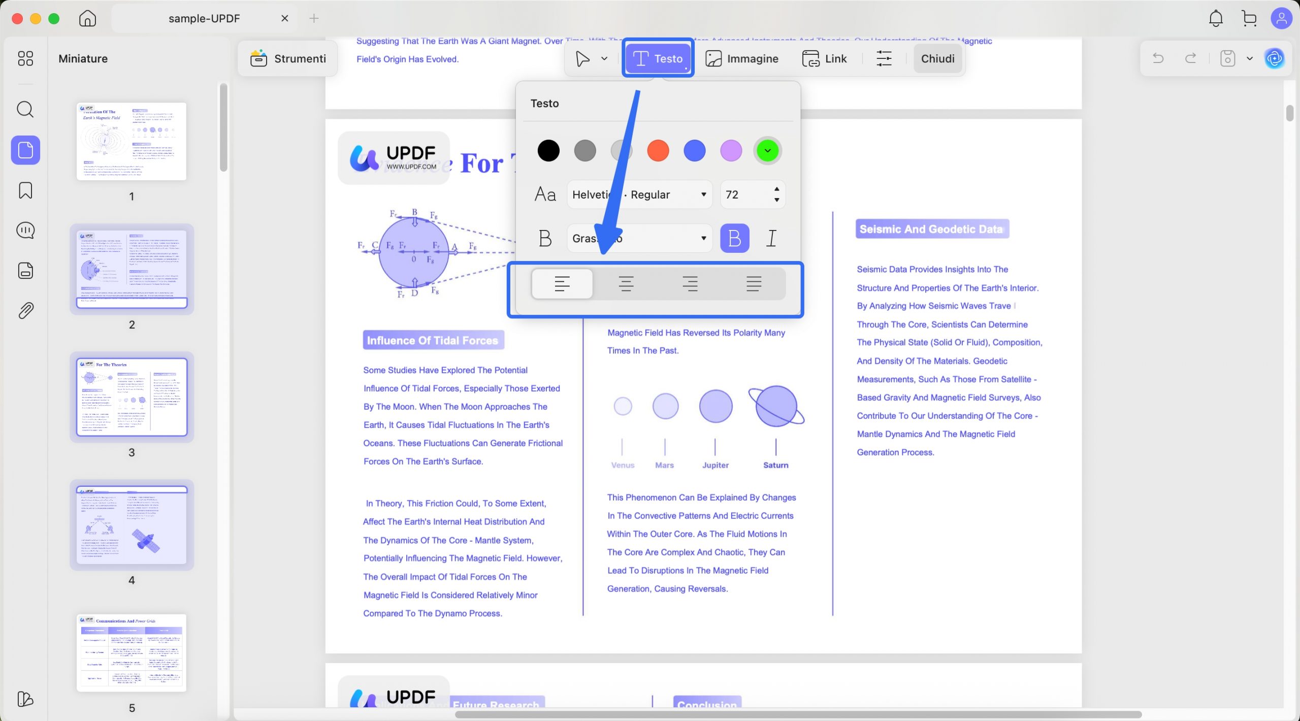 updf opzioni allineamento casella di testo mac