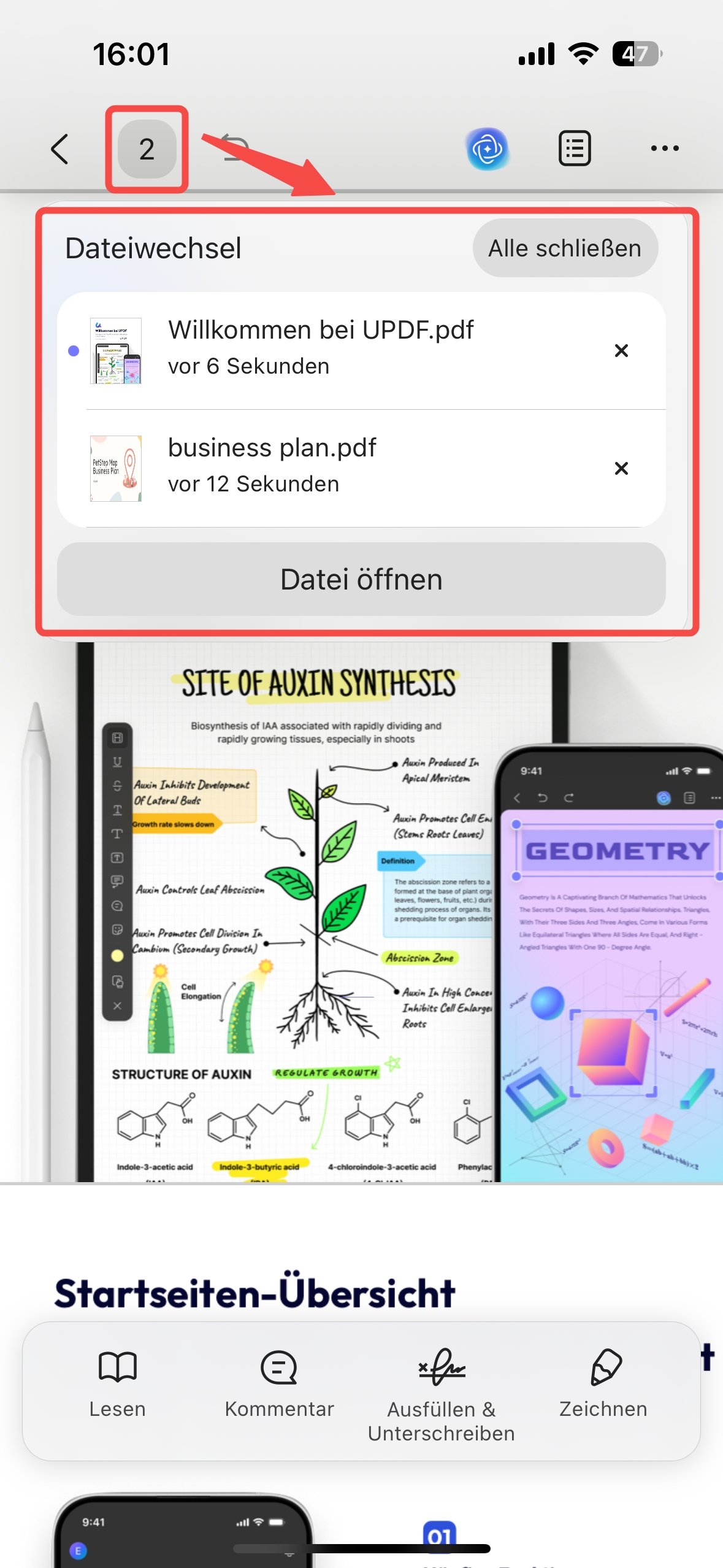 Mehrere Dateien in iOS UPDF öffnen
