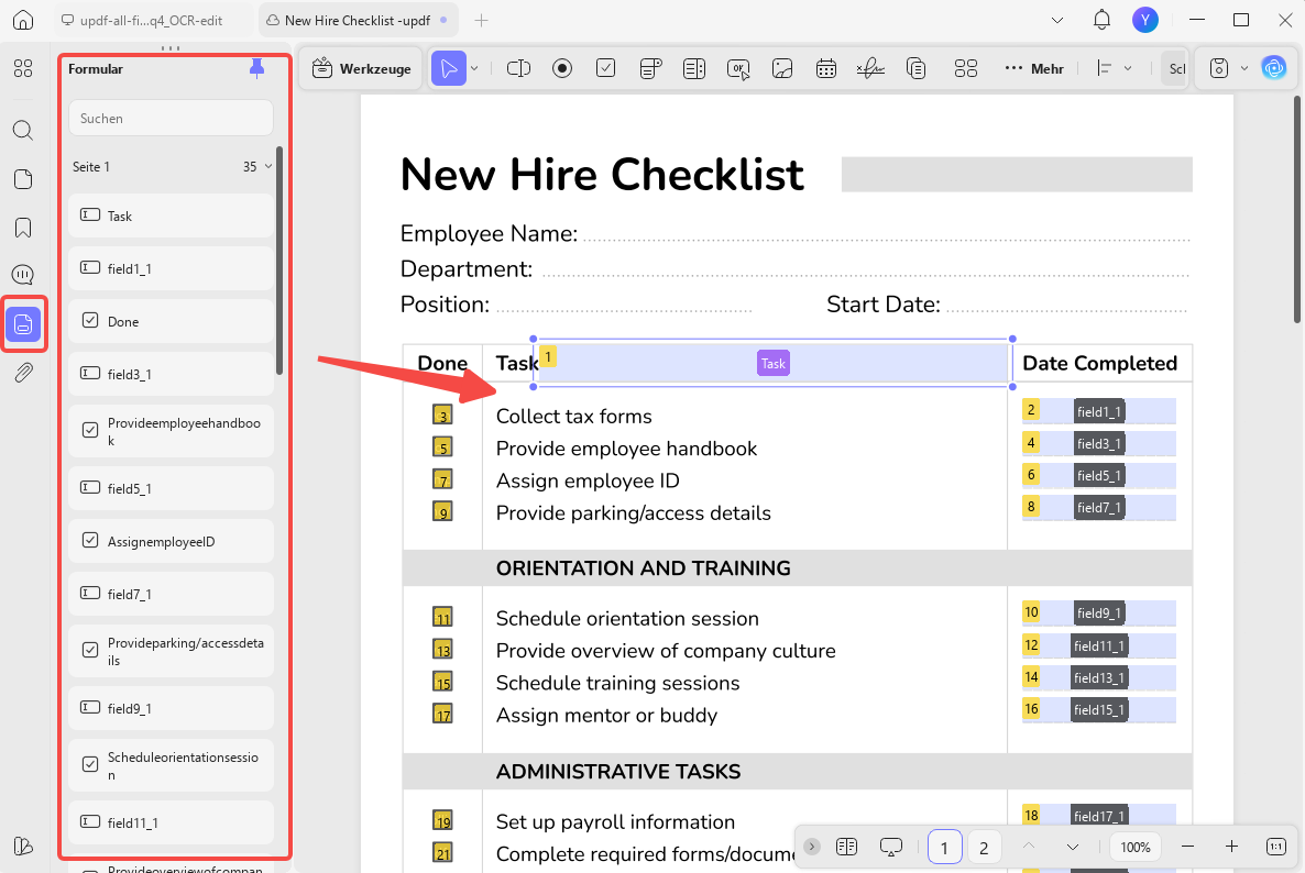 Formularfelder in Formularlisten verwalten