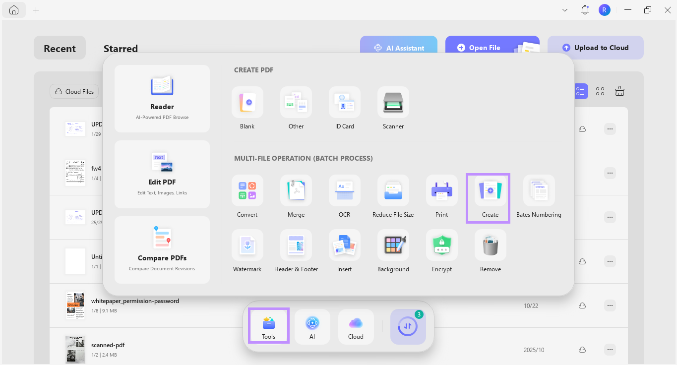 select create under tools