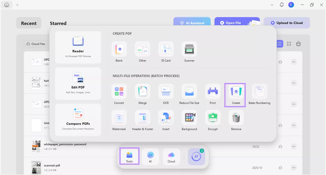 select create under tools