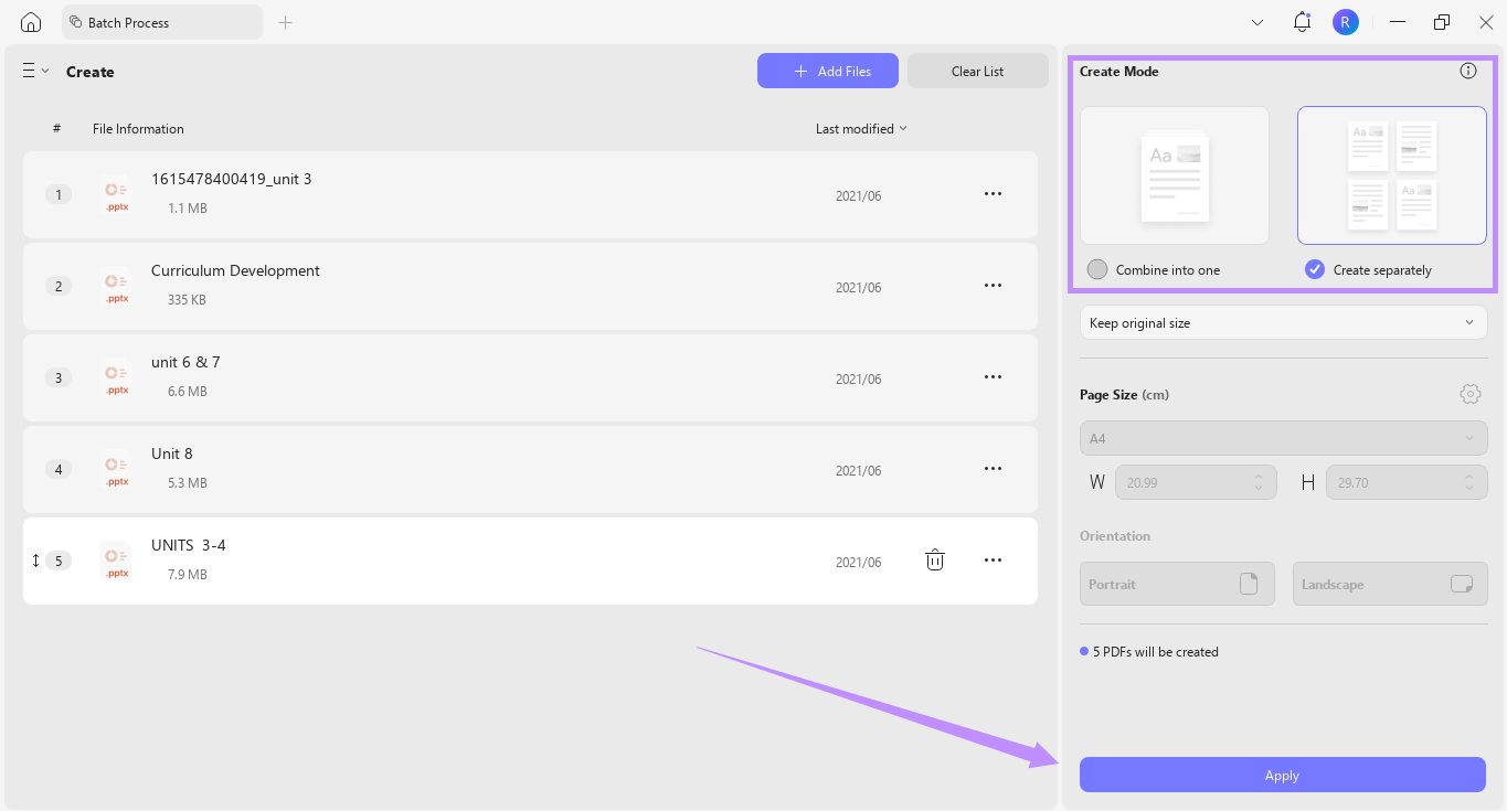 select a create mode and click apply