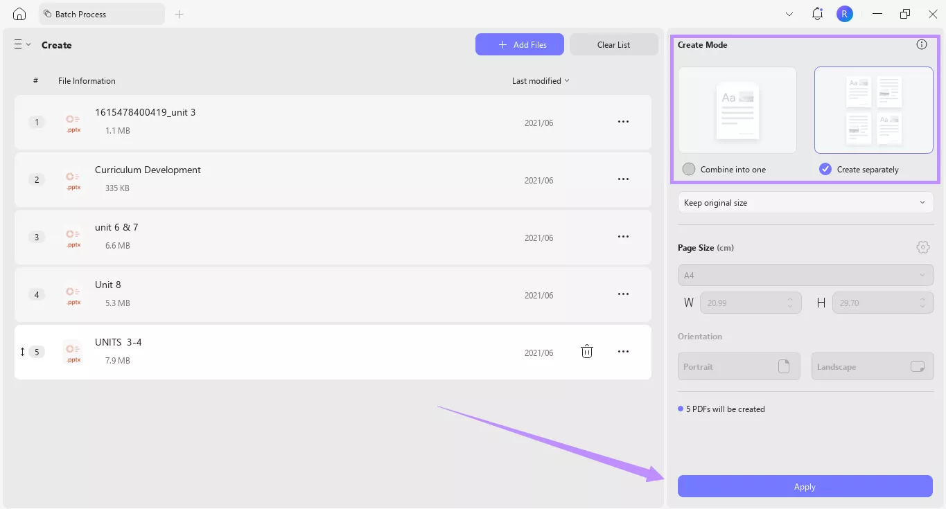 select a create mode and click apply