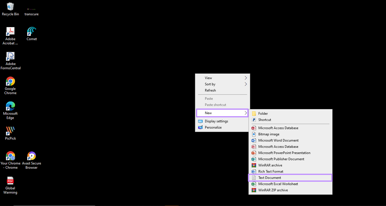 choose new option to create txt document