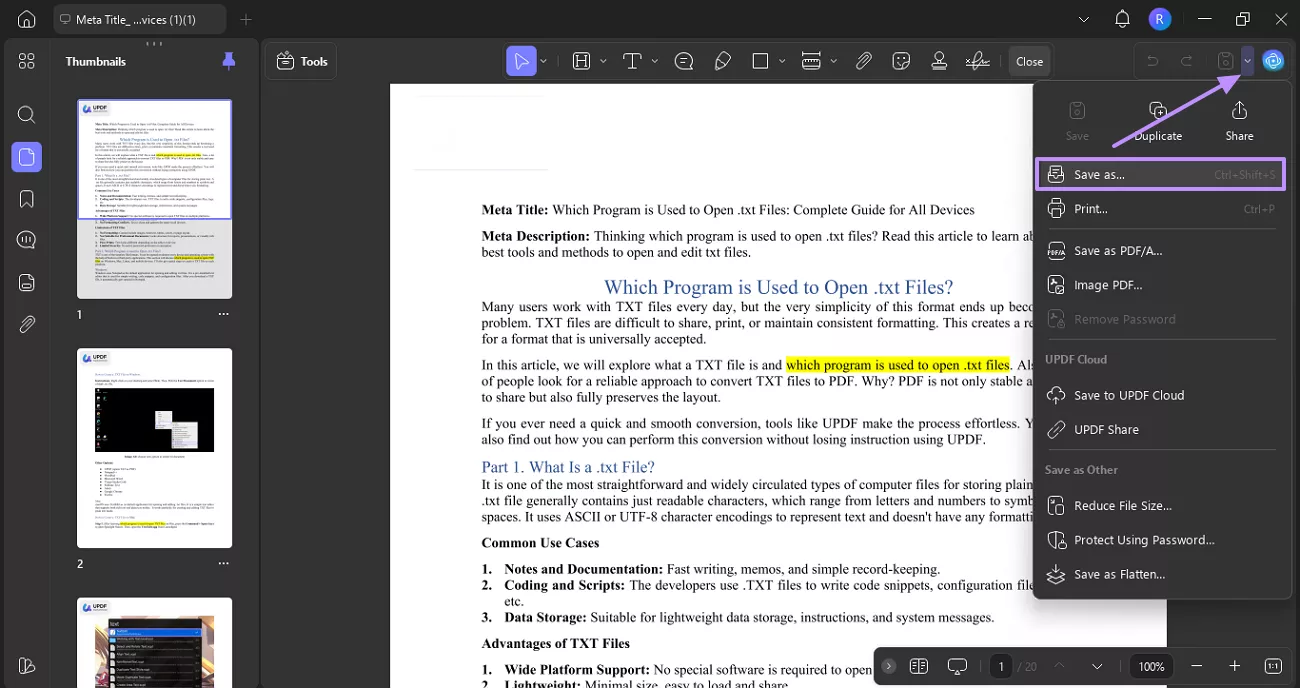  select save as option
