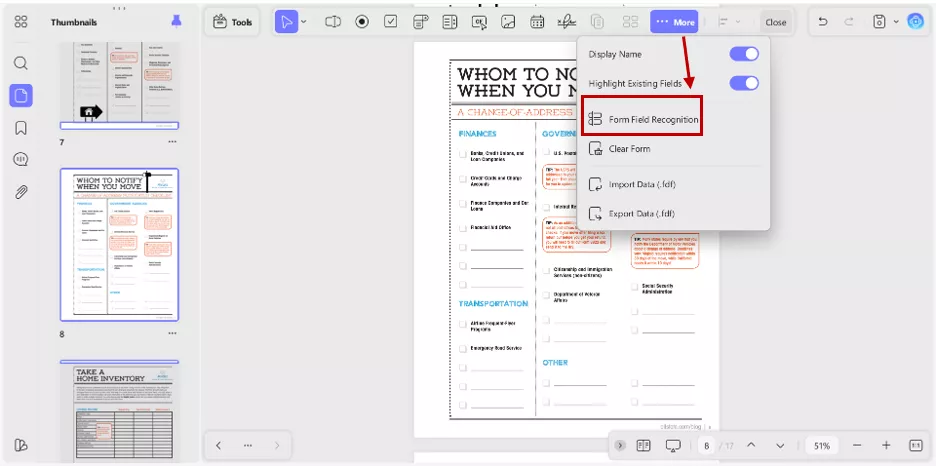 selecting form field recognition in updf